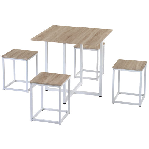 5pcs Dining Set, Bar Table with 4 Bar Stools, Natural Wood+White