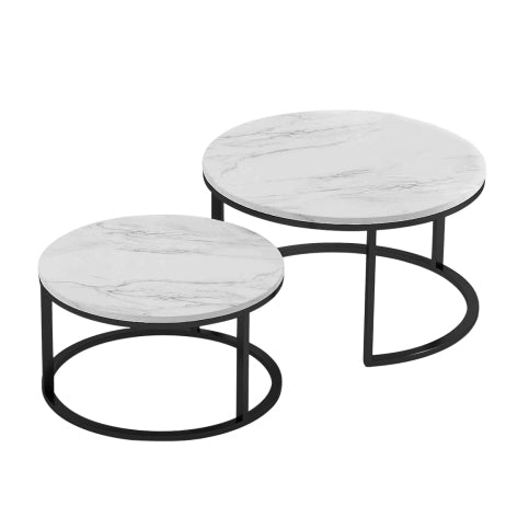 Modern Nesting Coffee Table, Black Metal Frame with Marble Color Top