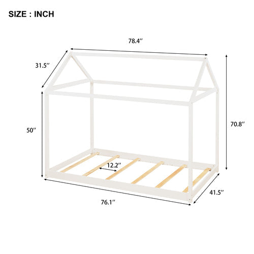 Twin Size Wooden House Bed, White