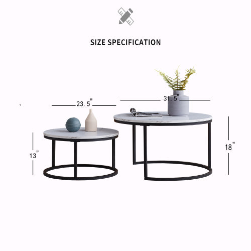 Modern Nesting Coffee Table, Black Metal Frame with Marble Color Top