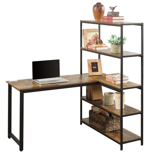 Home Office Two Person Computer Desk with Shelves, Brown