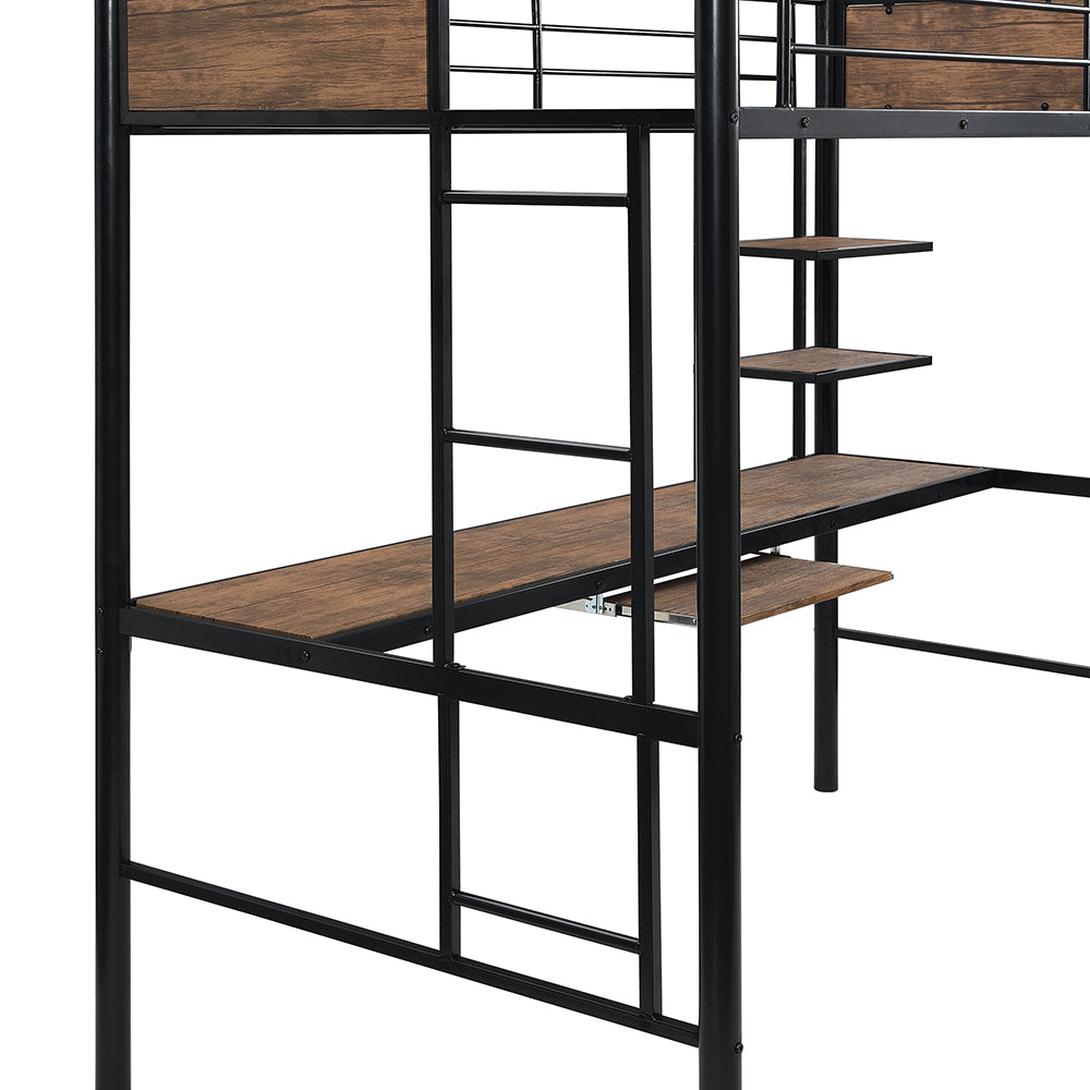 Twin Size Loft Bed with Desk and Shelf, Brown