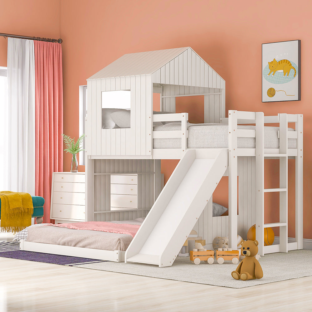 Twin Over Full Loft Bunk Bed with Playhouse, Ladder and Slide, White