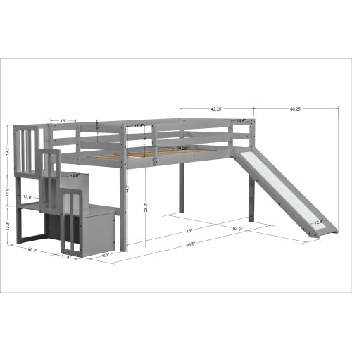 Twin size Loft Bed with Staircase,Storage,Slide, Gray