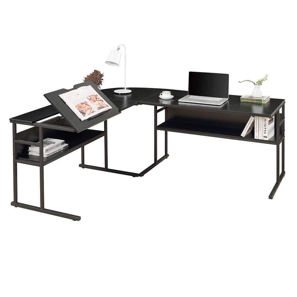 L-Shaped Office Desk with Bookshelves with Tiltable Desktop