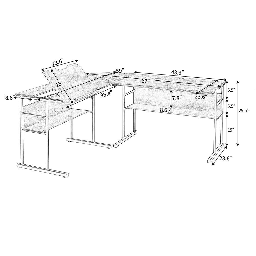 L-Shaped Office Desk with Bookshelves with Tiltable Desktop