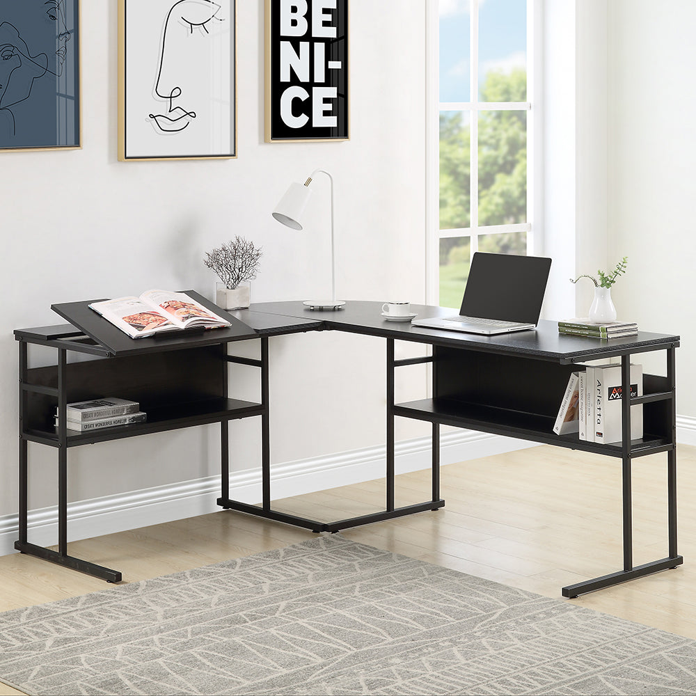 L-Shaped Office Desk with Bookshelves with Tiltable Desktop