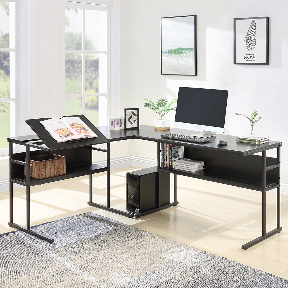 L-Shaped Office Desk with Bookshelves with Tiltable Desktop