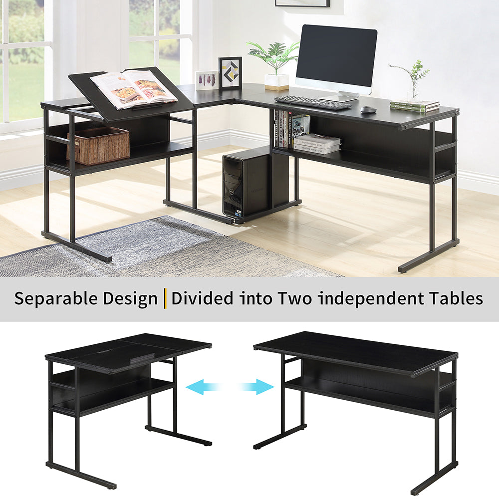 L-Shaped Office Desk with Bookshelves with Tiltable Desktop