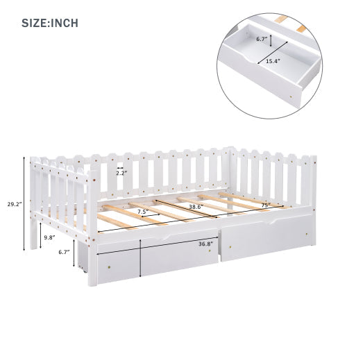 Rustic Style Twin Size Daybed with Storage Drawers, White