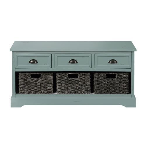 Wood Storage Bench with 3 Drawers and 3 Woven Baskets, Green