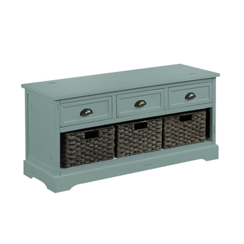 Wood Storage Bench with 3 Drawers and 3 Woven Baskets, Green