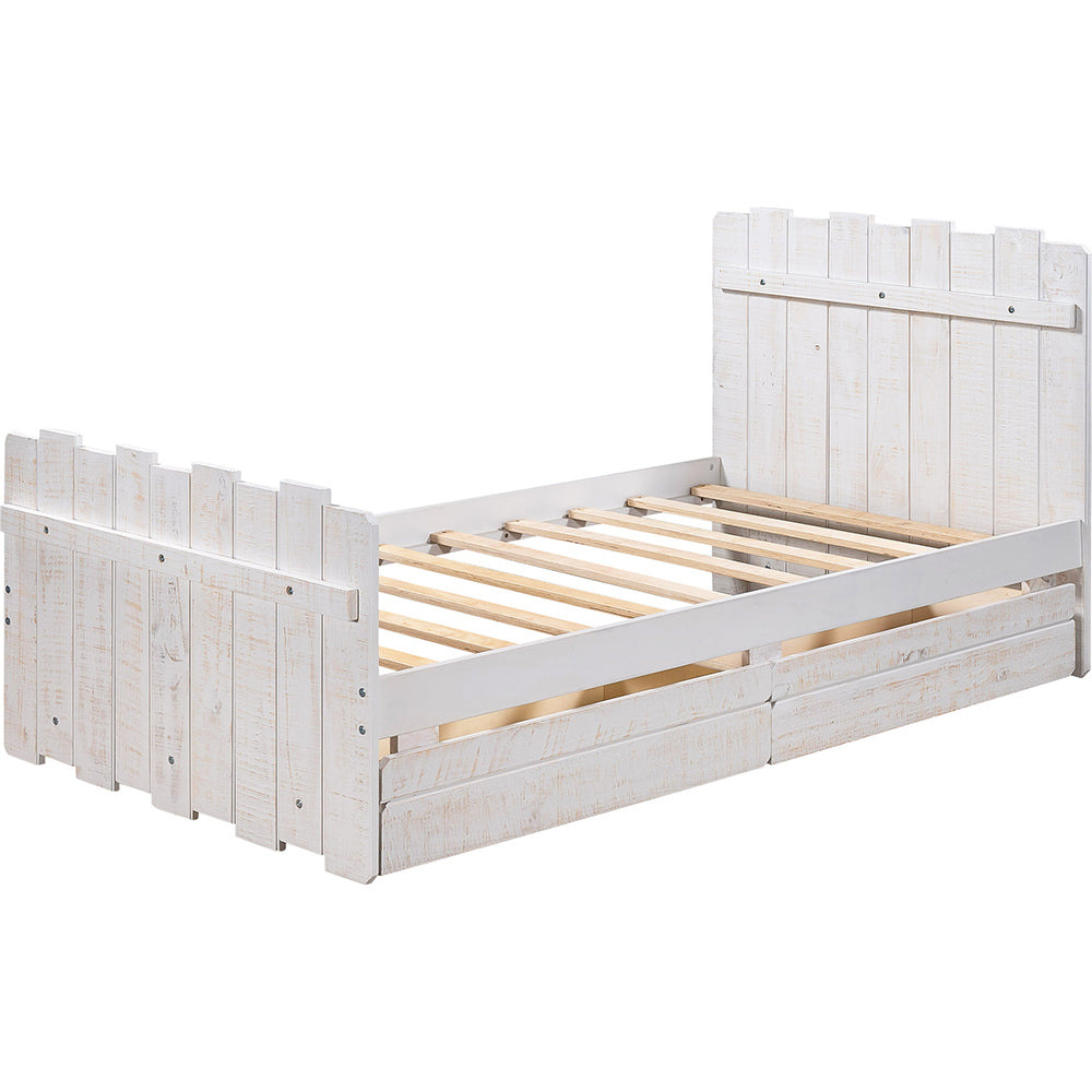 Twin Size Rustic Platform Bed with Drawers, White