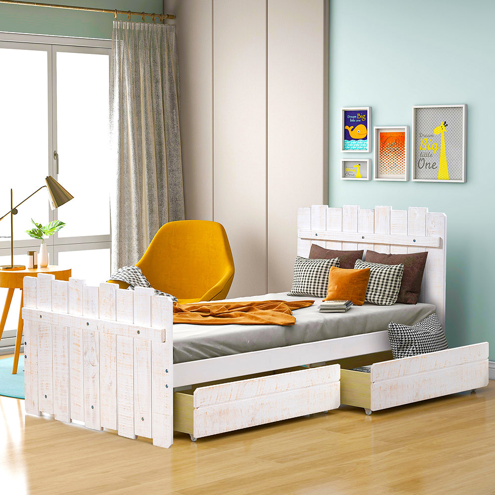 Twin Size Rustic Platform Bed with Drawers, White