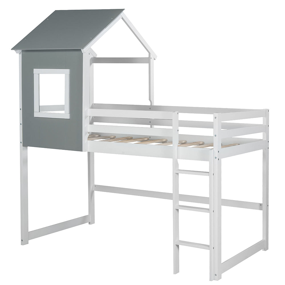 Twin Size Loft House Bed with Roof