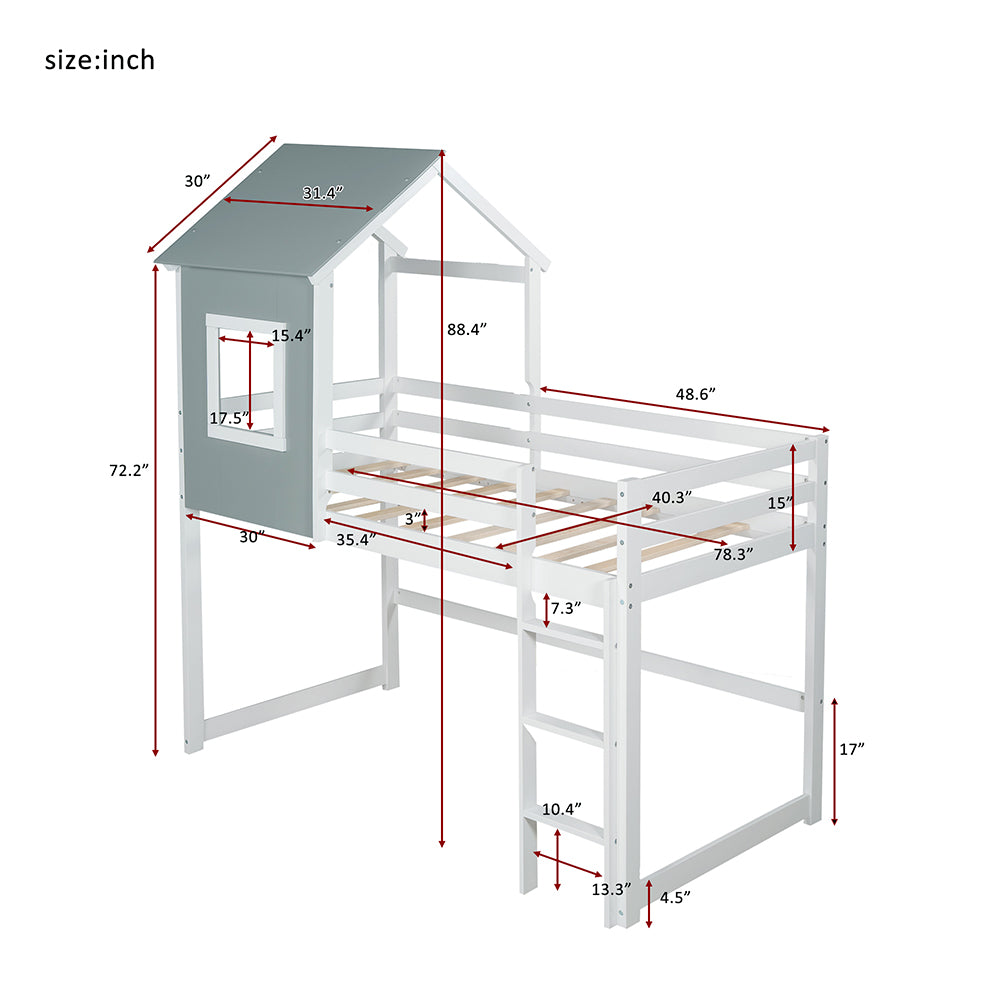 Twin Size Loft House Bed with Roof