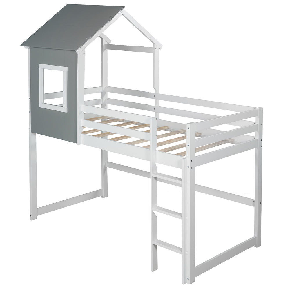 Twin Size Loft House Bed with Roof