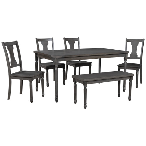 6pcs Dining Table and Chairs Set with Bench, Gray