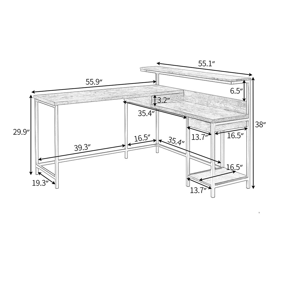 L-shaped Computer Desk with Monitor Shelf and CPU Stand