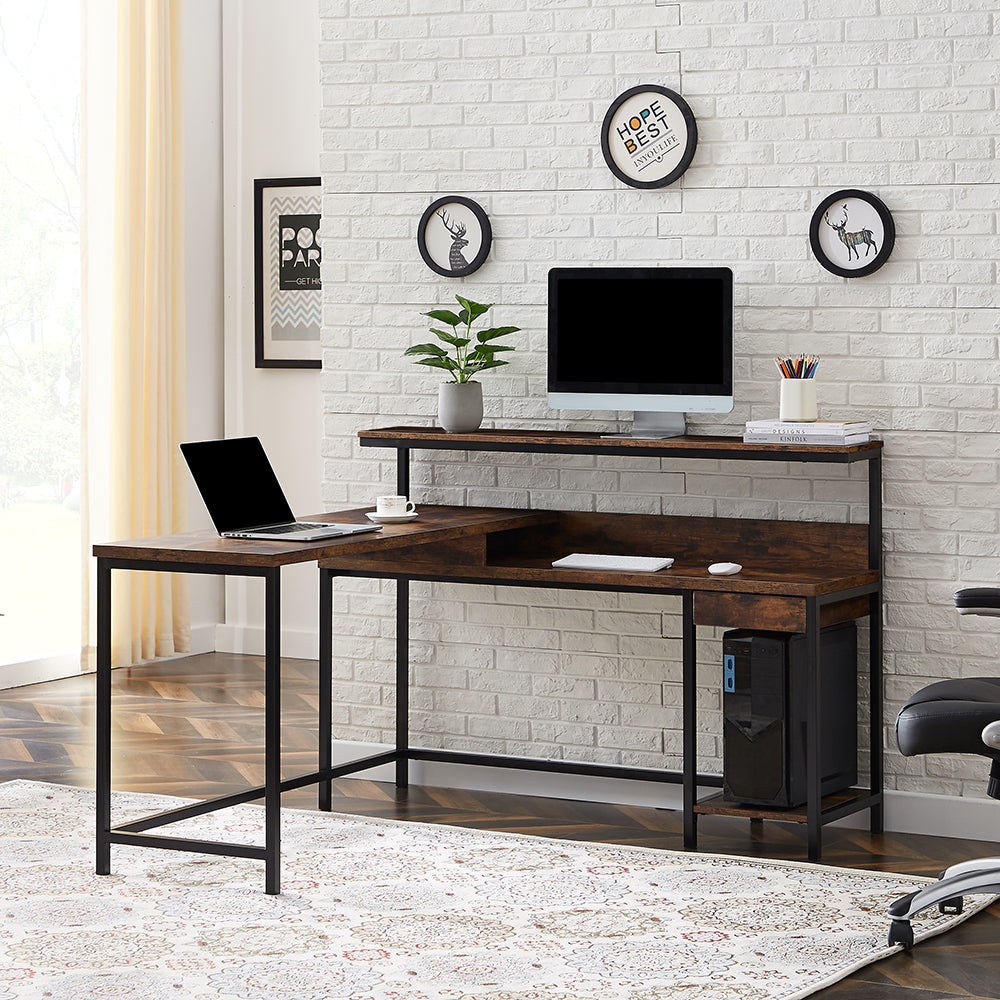 L-shaped Computer Desk with Monitor Shelf and CPU Stand