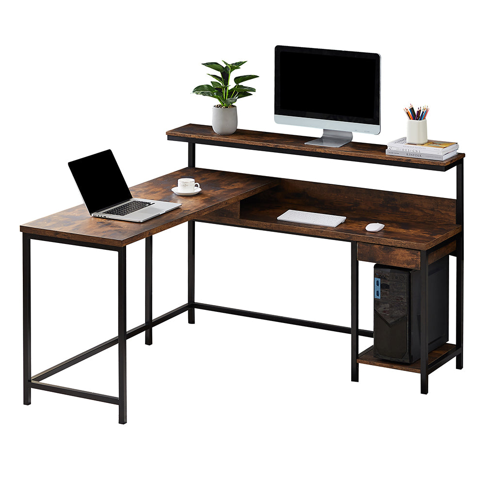 L-shaped Computer Desk with Monitor Shelf and CPU Stand