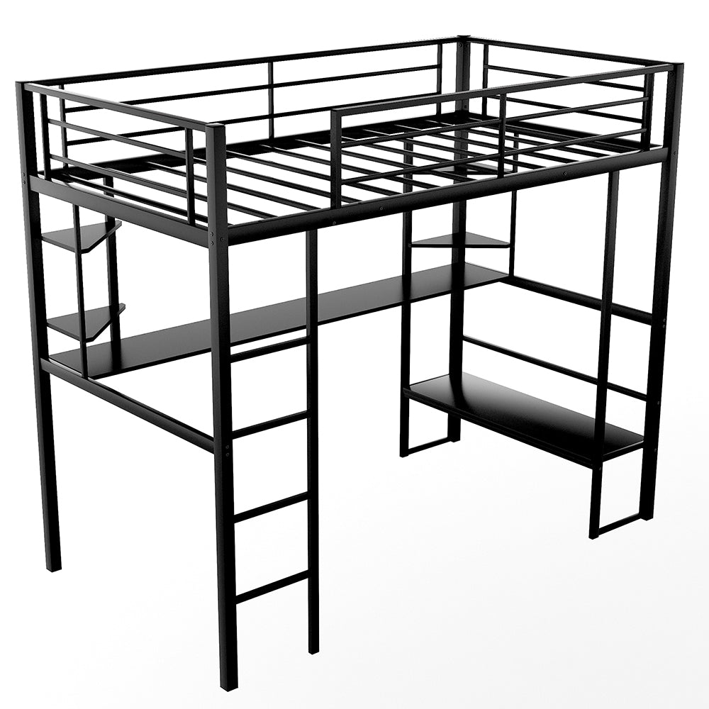 Twin Size Loft Metal Bed with Desk and Shelves