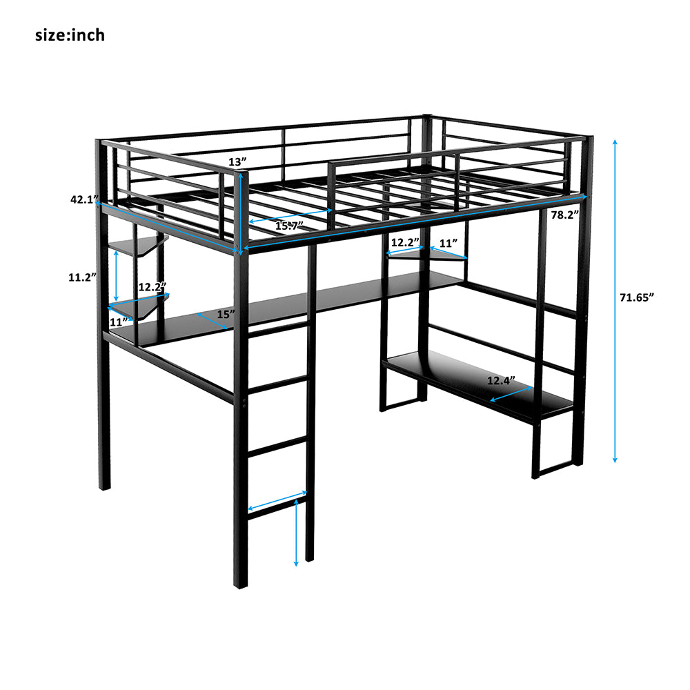 Twin Size Loft Metal Bed with Desk and Shelves