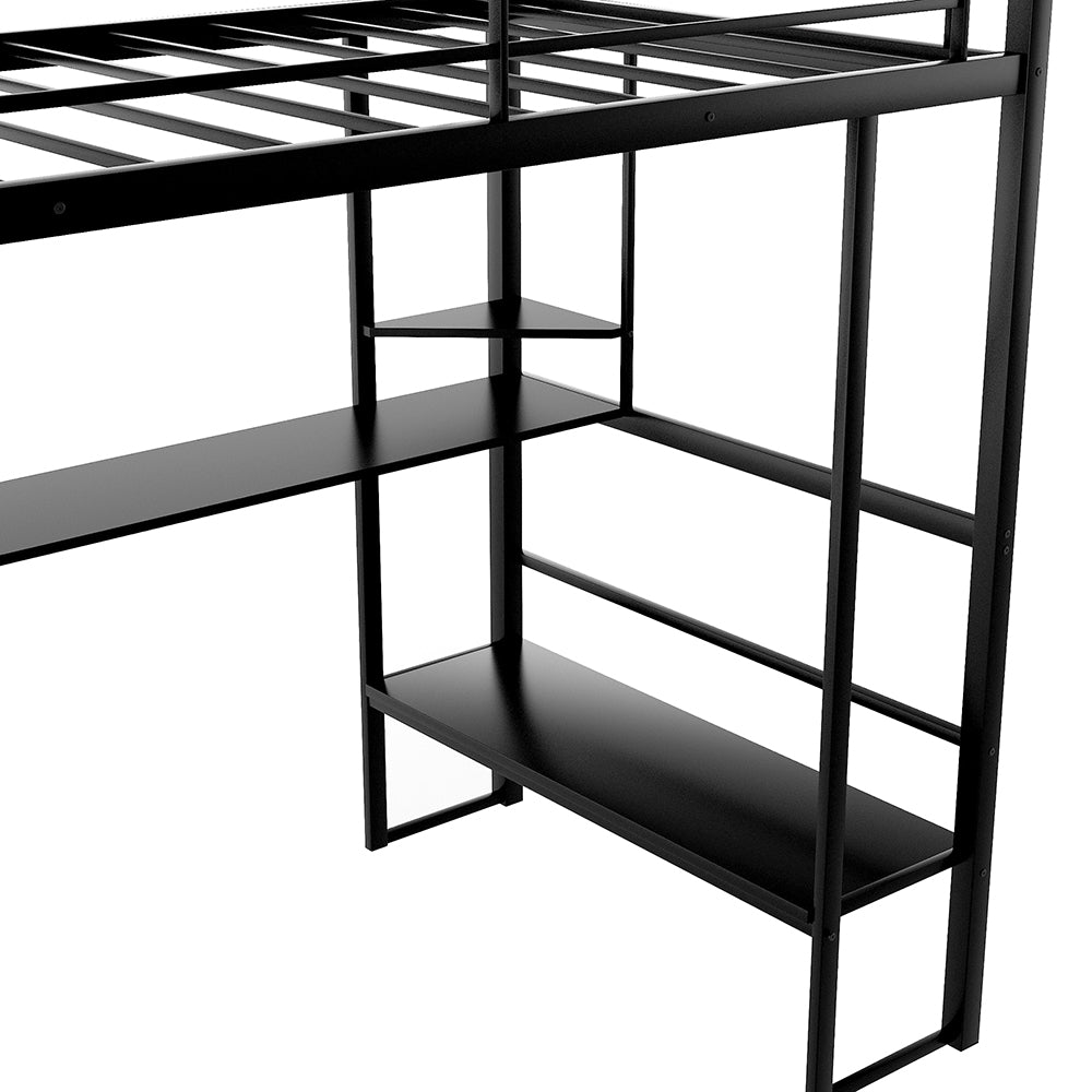 Twin Size Loft Metal Bunk Bed with Desk and Shelves, Black