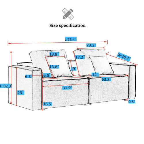 Linen Sofa Wide Armrest Loveseats, Gray