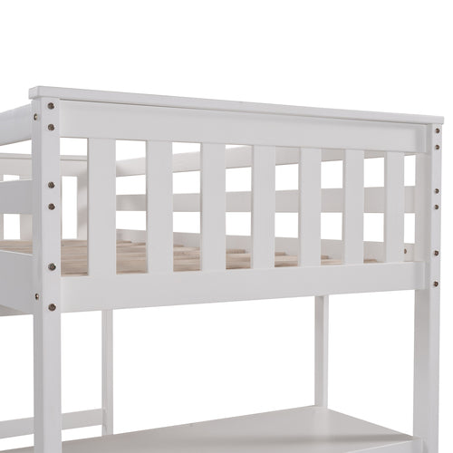 Pine Wooden Twin Loft Bunk Bed with Storage Shelves, White