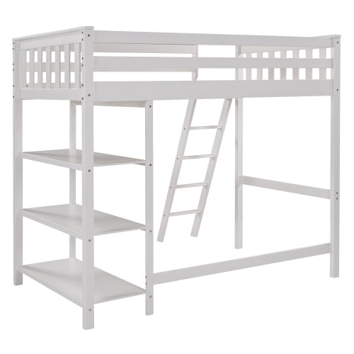 Pine Wooden Twin Loft Bunk Bed with Storage Shelves, White