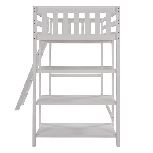 Pine Wooden Twin Loft Bunk Bed with Storage Shelves, White