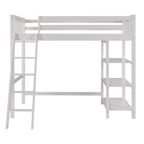 Pine Wooden Twin Loft Bunk Bed with Storage Shelves, White