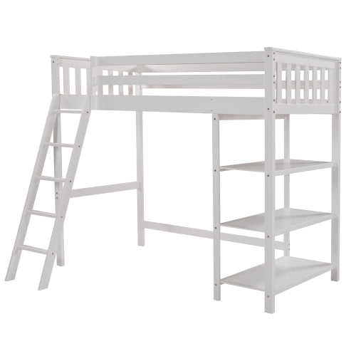 Pine Wooden Twin Loft Bunk Bed with Storage Shelves, White