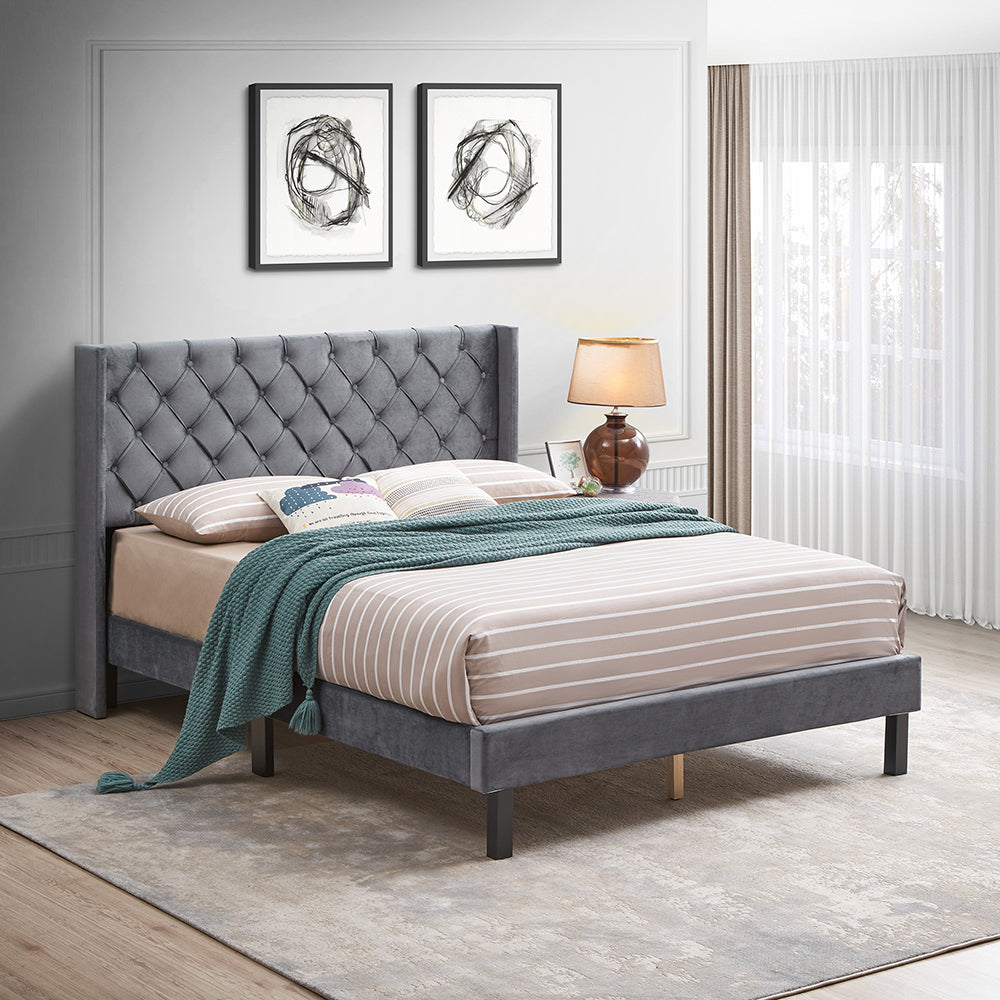 Velvet Button Tufted-Upholstered Bed