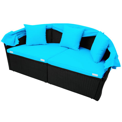 Rattan Daybed Set Sunbed with Retractable Canopy, Blue