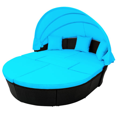 Rattan Daybed Set Sunbed with Retractable Canopy, Blue