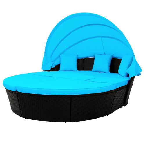 Rattan Daybed Set Sunbed with Retractable Canopy, Blue