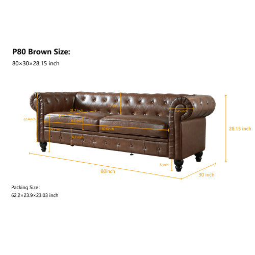 Retro Style PU Couch Flared Arm Sofa, Brown