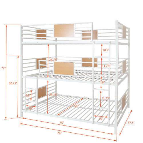 Full Triple Bunk Bed with Built-in Ladder, White