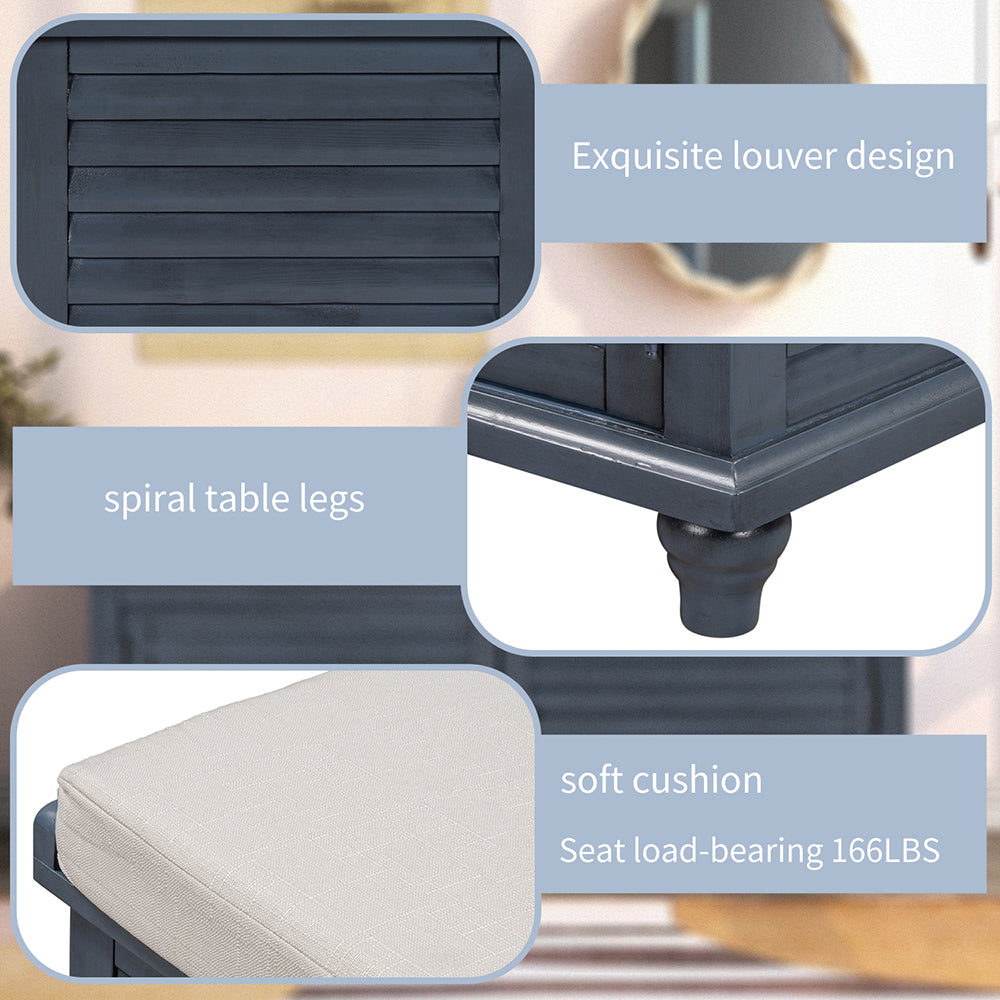 Wooden Storage Bench with Removable Cushion, Navy Blue