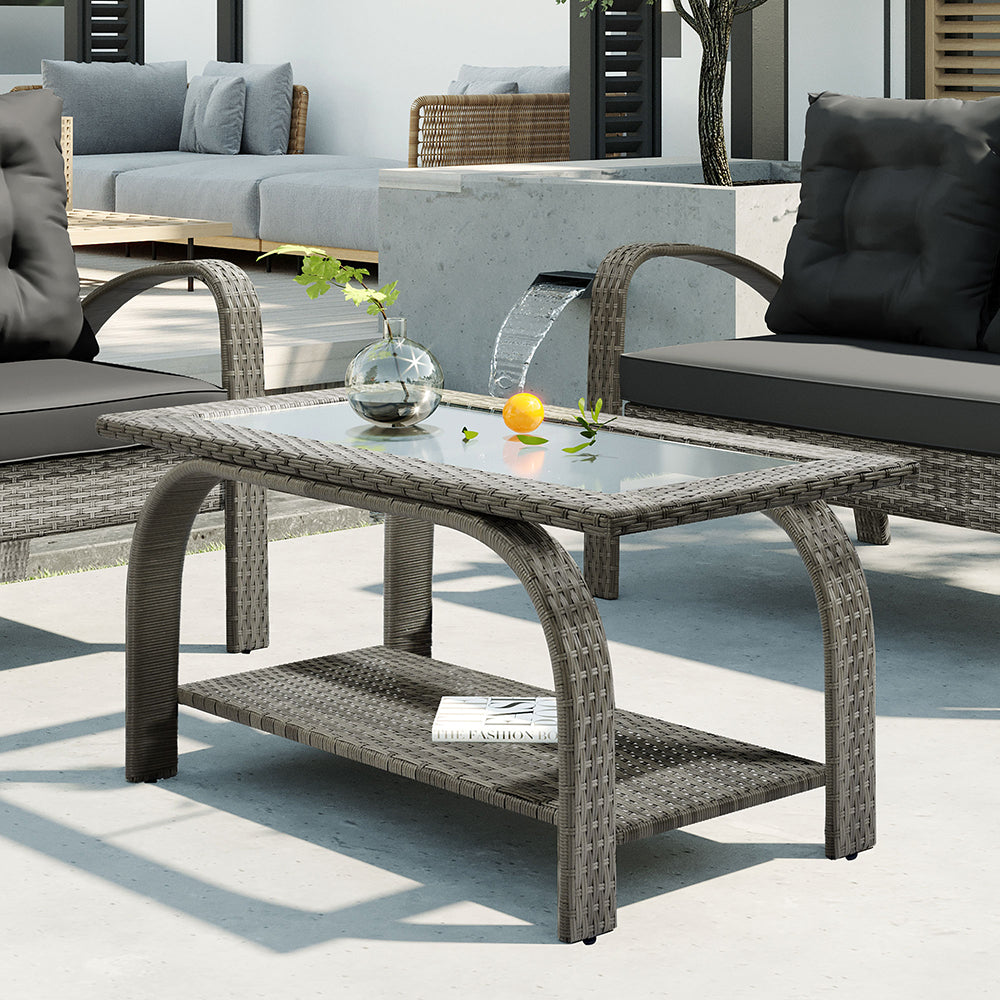 Sectional Rattan Sofa Set with Glass Storage Table