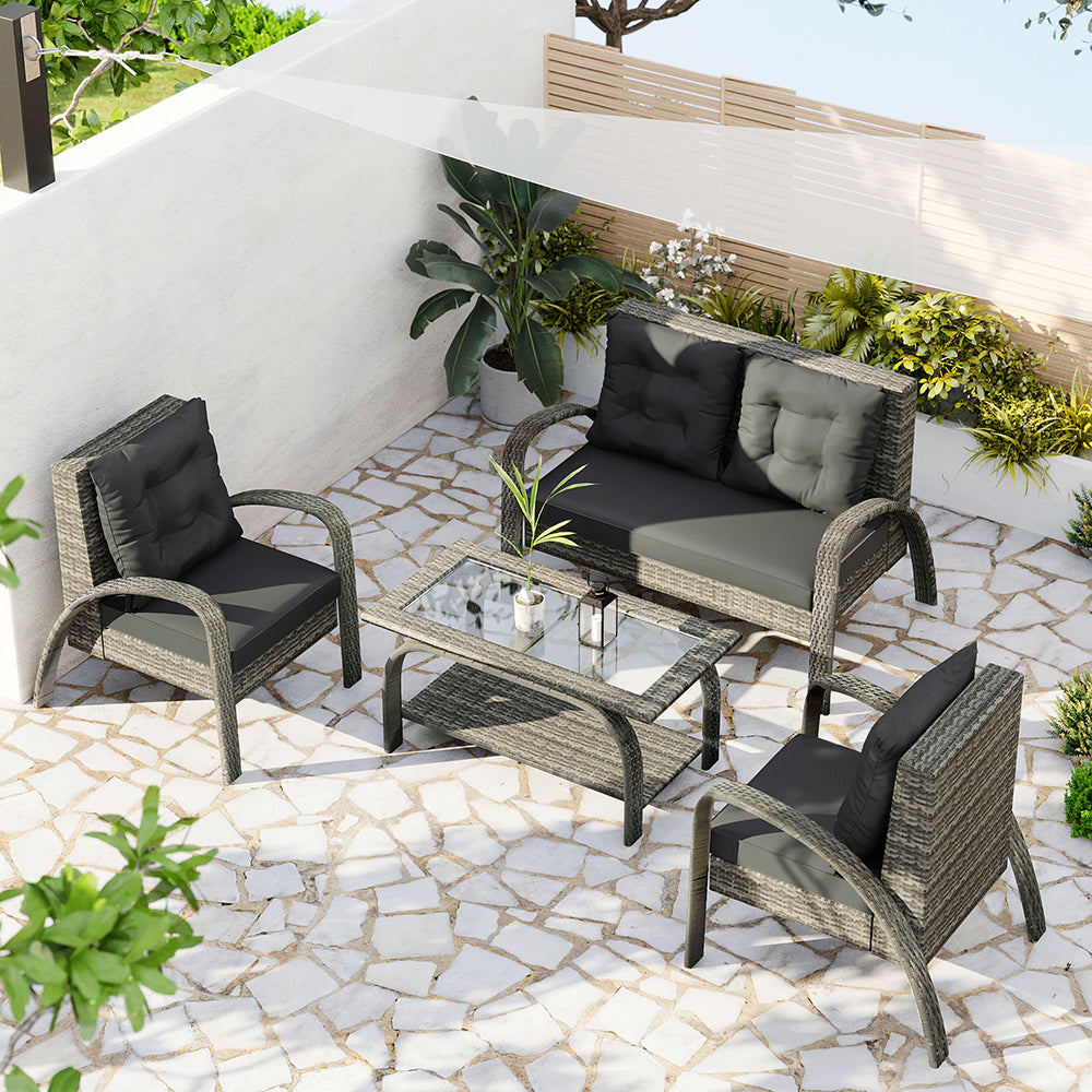 Sectional Rattan Sofa Set with Glass Storage Table