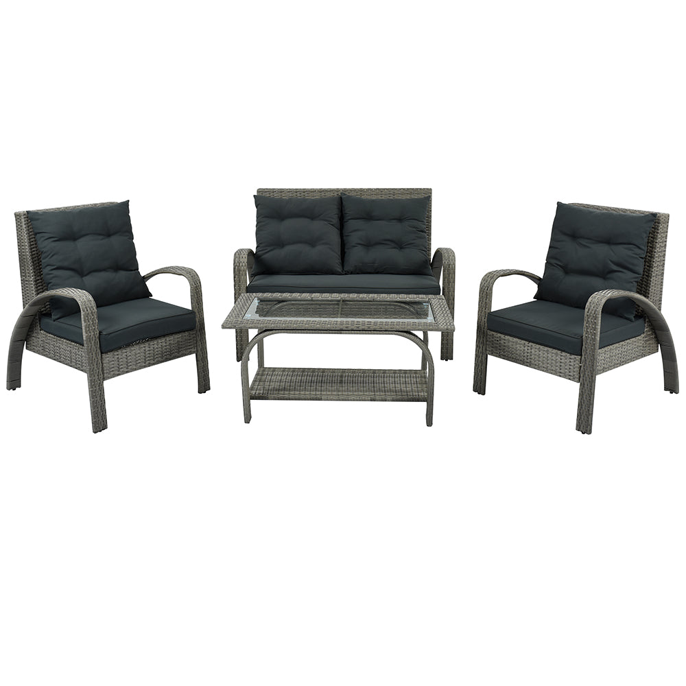 Sectional Rattan Sofa Set with Glass Storage Table