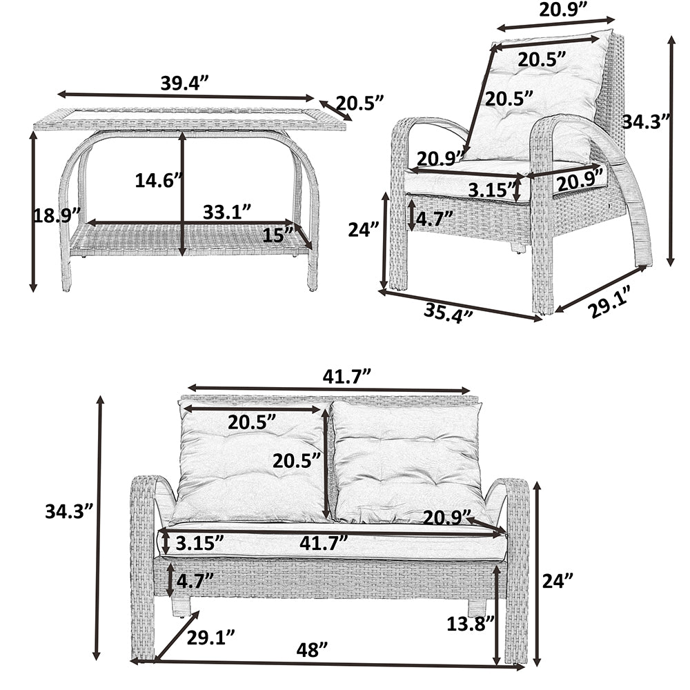 Sectional Rattan Sofa Set with Glass Storage Table