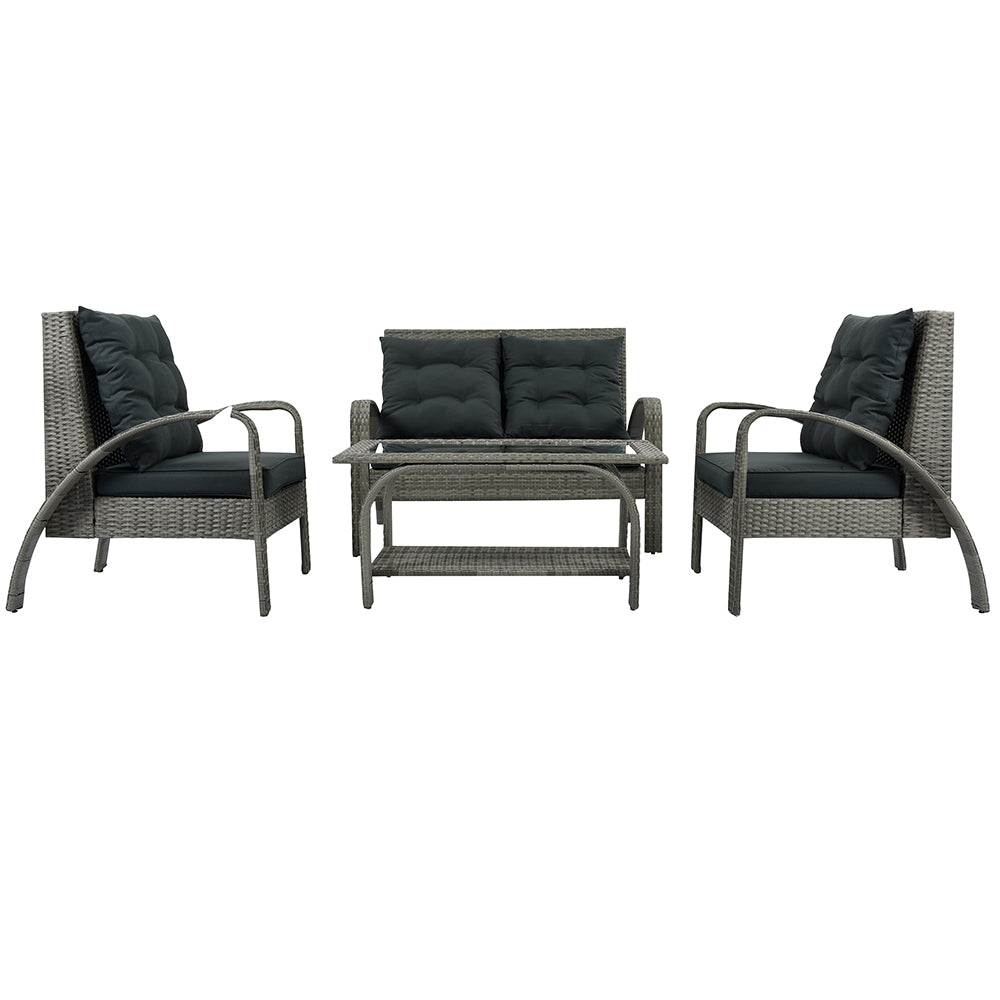 Sectional Rattan Sofa Set with Glass Storage Table