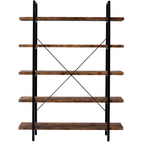 5-tier Bookcase with Rustic Wood and Metal Frame, Distressed Brown