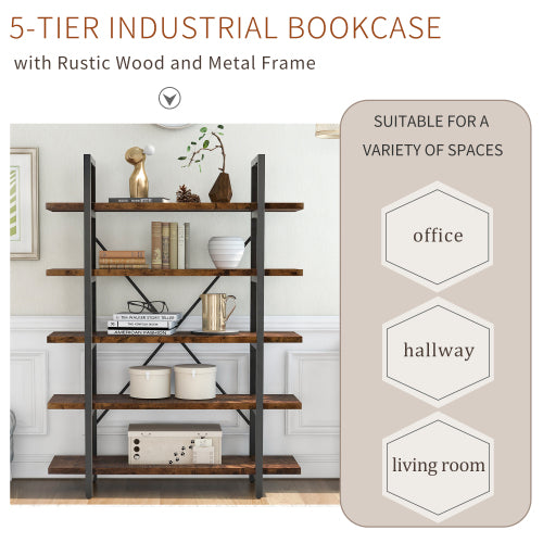 5-tier Bookcase with Rustic Wood and Metal Frame, Distressed Brown