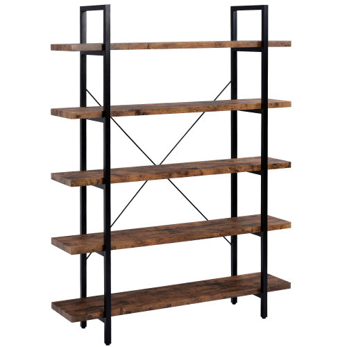 5-tier Bookcase with Rustic Wood and Metal Frame, Distressed Brown