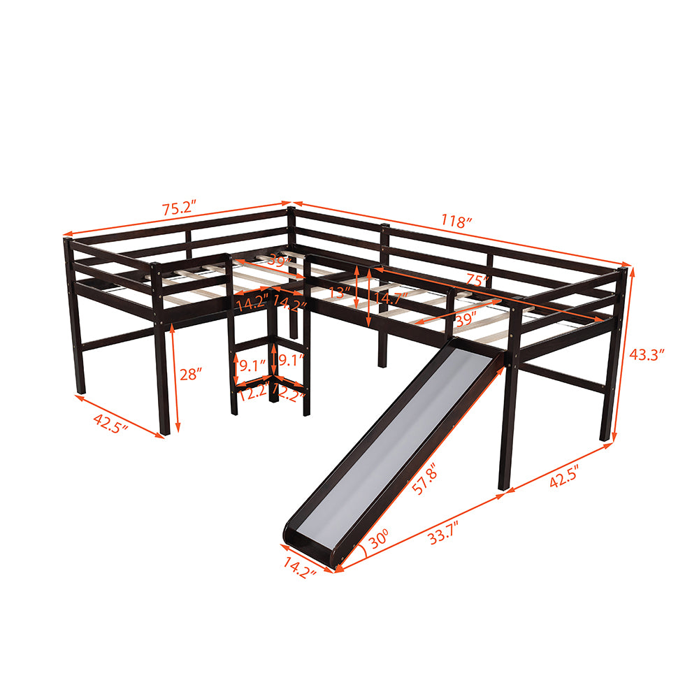 Twin Size L-Shaped Loft Bed with Slide